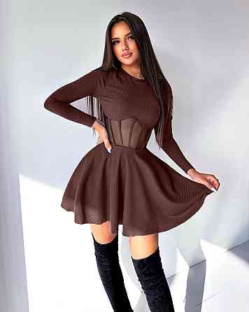 Женское приталенное мини платье с имитацией корсета мустанг рубчик Шоколад, 42/44 Одесса