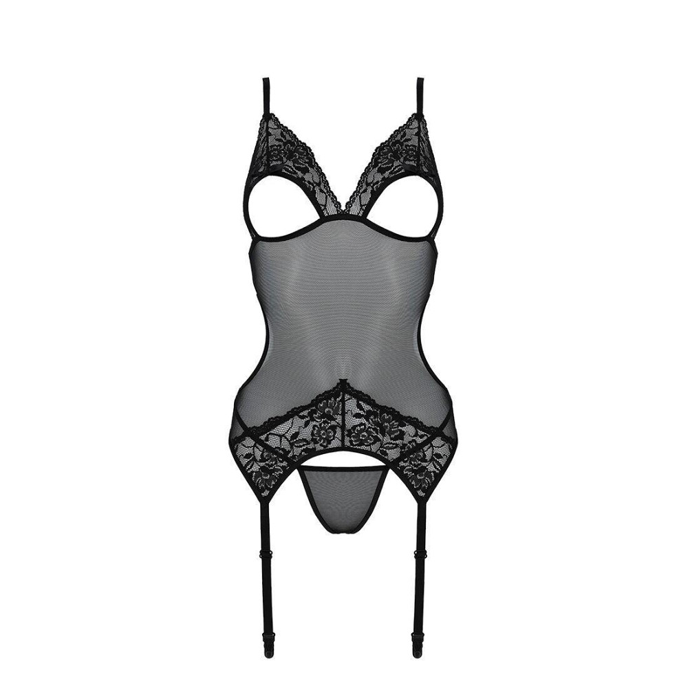 Корсет із підв’язками та ажурним ліфом Passion CHRISTA CORSET XXL/XXXL, black, стрінги в комплекті Sex Aura Київ - фото 5