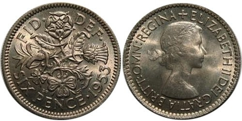 Флора: лук-порей, троянда, чортополох і трилисник. Монета 6 пінсів. 1953 год, Великобритания.(корона Полтава - фото 1