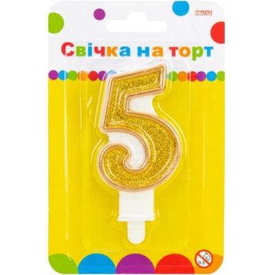 Свеча Maxi золотиста двостороння з блискітками "5", 7,62 см, на торт (MX622083-5) Винница - изображение 1