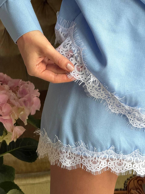 Женский стильный летний льняной костюм с кружевом Голубой, 42/46 Одесса - изображение 8