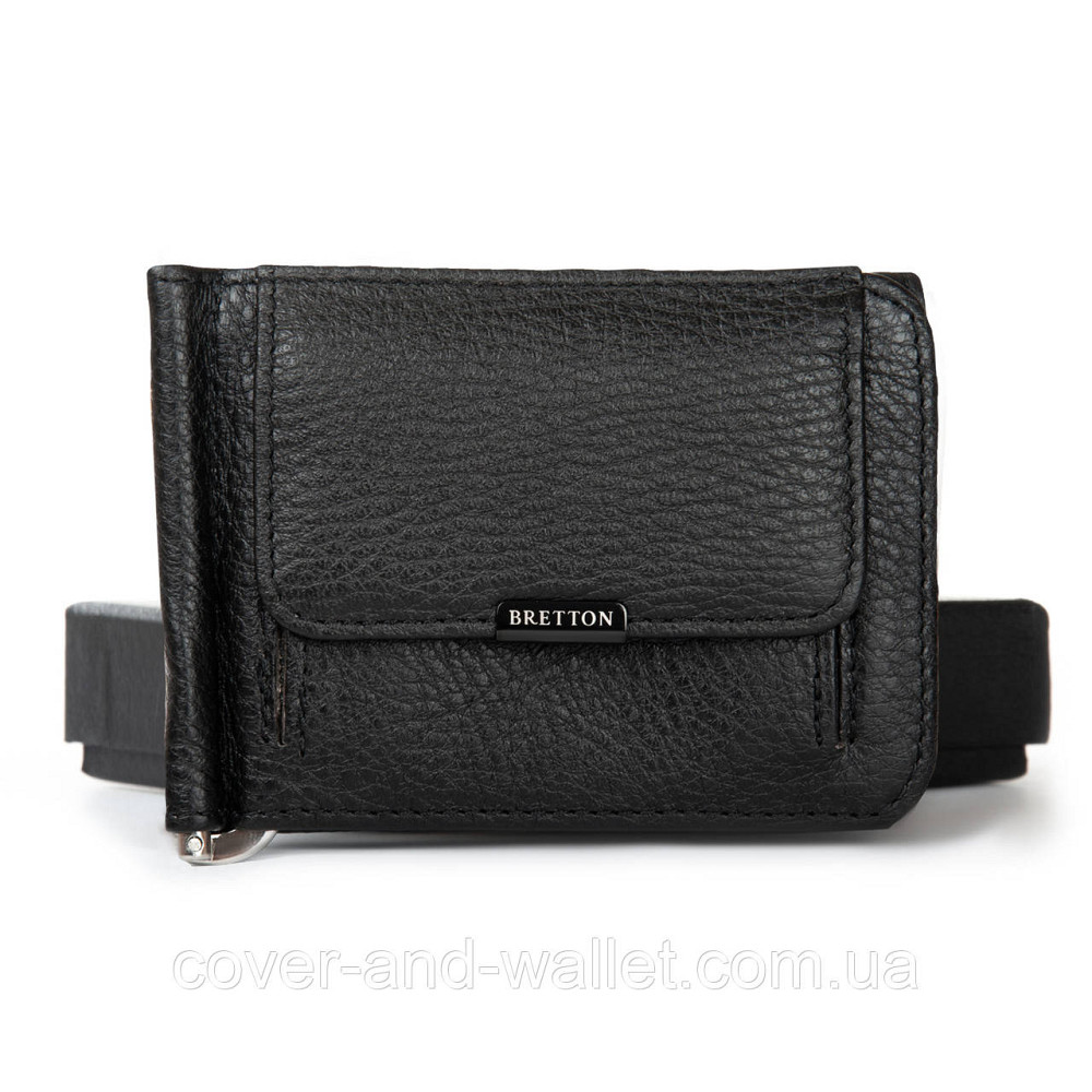 Кожаный зажим для денег и карточек с монетницей черного цвета Bretton Киев - изображение 2