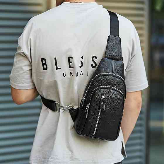 Сумка-слінг чоловіча на одне плече 18х32х7, рюкзак нагрудний з натуральної шкіри 74521 чорний Київ