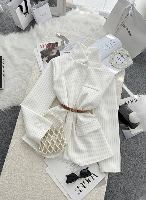 Жіночий класичний піджак вільного крою в смужку костюмка Айворі, 42/44 Одеса - фото 8