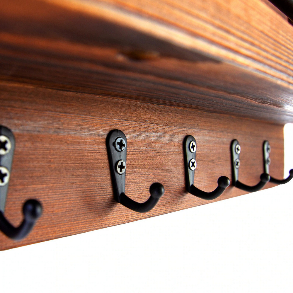 Полиця підвісна для зберігання дрібниць та аксесуарів, дерев'яна, для кухні, передпокою, ванної, 5 гачків, 30х18х7,5 см, коричнева Кам'янець-Подільський - фото 4