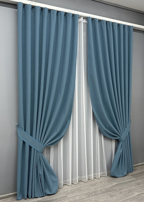 Комплект штор VR-Textil 100% блекаут ASHEN NIGHT 150х270 2шт і Тюль 600х270 1852ш-1153т синій з білим 71-093/5 Київ - фото 2