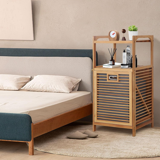 Бамбуковый стеллаж с откидной крышкой, 2 выдвижные корзины для белья + открытая полка, 95x40x30см Каменец-Подольский