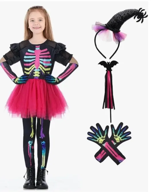 Костюм скелета для девочки 110см комбинезон с принтом костей, розовой юбкой перчатками палочкой для Хэллоуина. Киев - изображение 1