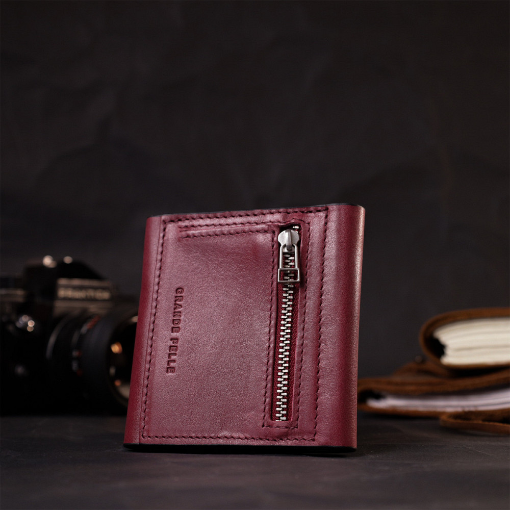 Стильний невеликий гаманець із натуральної шкіри GRANDE PELLE 16800 Бордовий Київ - фото 2