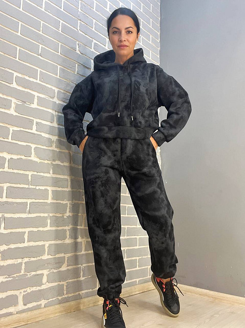 Костюм жіночий Joy One 98596 худі капюшон з джоггерами варений мармуровий утеплений чорний, чорний, L Київ - фото 3
