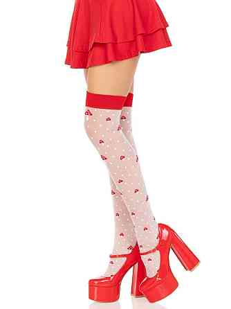 Панчохи Leg Avenue Polka Dot Mushroom Thigh Highs, One Size, біло-червоні, на резинці, малюнок — гриби Sex Aura Київ