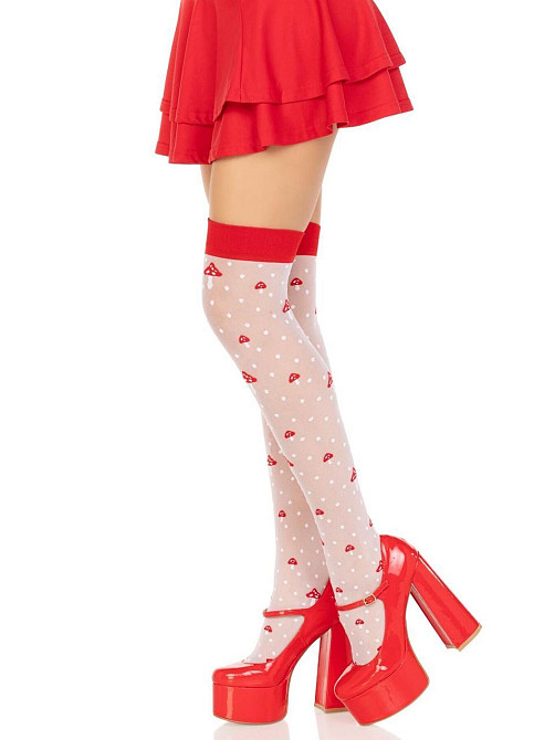 Панчохи Leg Avenue Polka Dot Mushroom Thigh Highs, One Size, біло-червоні, на резинці, малюнок — гриби Sex Aura Київ - фото 4