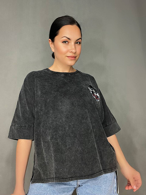 Футболка женская A-N 26030 вареная тай-дай оверсайз с вышивкой Mickey Mouse, черный, one size Киев - изображение 1