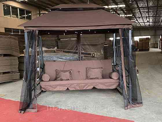 Садовые качели Bonro JD3060 4-х местная раскладная с навесом и москитной сеткой для сада и террасы коричневая Мостиська