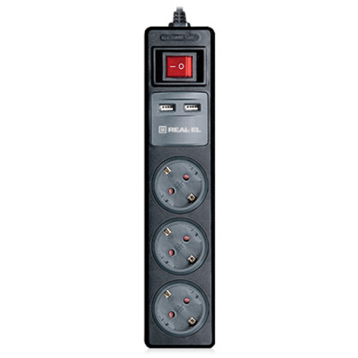 Сетевой удлинитель REAL-EL RS-3 USB CHARGE 1.8m, black (EL122500001) Винница - изображение 1