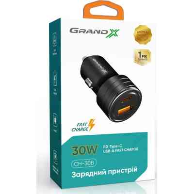 Зарядний пристрій Grand-X CH-30B 30W 1xUSB + 1xUSB-C PD + QC3.0 AFC FCP SCP VOOC Black (CH-30B) Вінниця