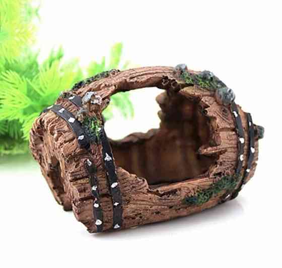 Декор для акваріума "Затонувший бочка" - розмір 6 на 9 см, смола, акваріумний декор черовний Київ