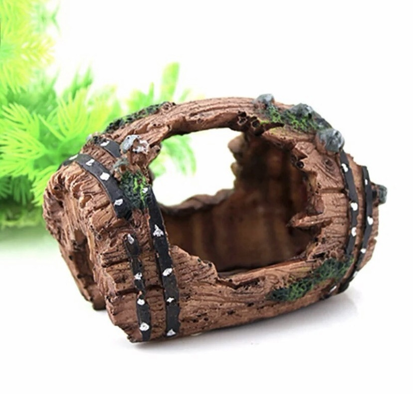 Декор для акваріума "Затонувший бочка" - розмір 6 на 9 см, смола, акваріумний декор черовний Київ - фото 3
