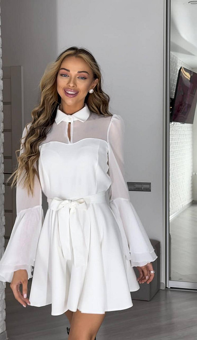 Жіноче ніжне плаття з шифоновими рукавами та воланами костюмка + шифон Молочний, 46/48 Одеса - фото 5