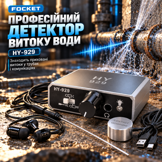 Професійний акустичний детектор витоку води Focket HY-929, зонд, навушники, підсилення 20000X, USB Київ