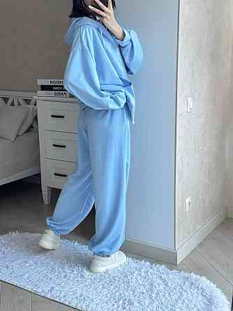 Жіночий прогулянковий оверсайз костюм-двійка: кофта та штани двонитка Блакитний Одеса