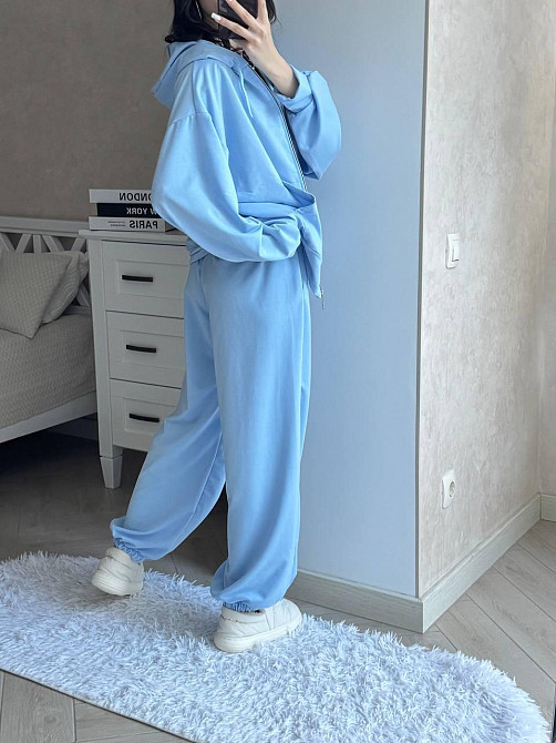 Женский прогулочный оверсайз костюм двойка: кофта и штаны двунить Голубой Одесса - изображение 3