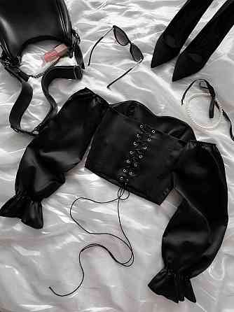 Жіночий романтичний привабливий укорочений корсет атлас Scarlet Чорний, S/M Одеса