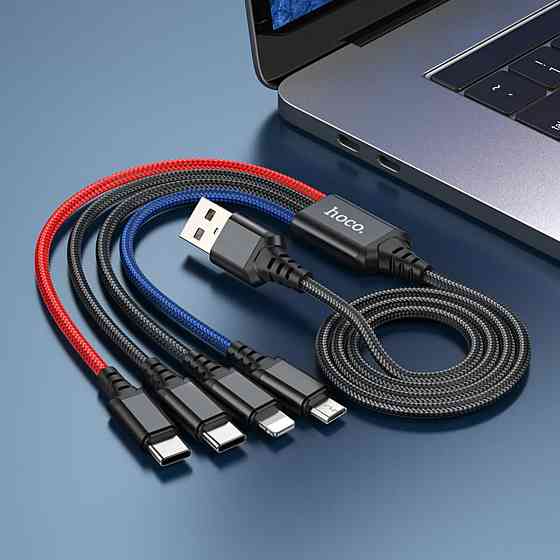 Кабель HOCO X76 USB to iP+Type-C+Type-C+Micro 2A, 1m, nylon, aluminum connectors Black+Red+Blue Киев