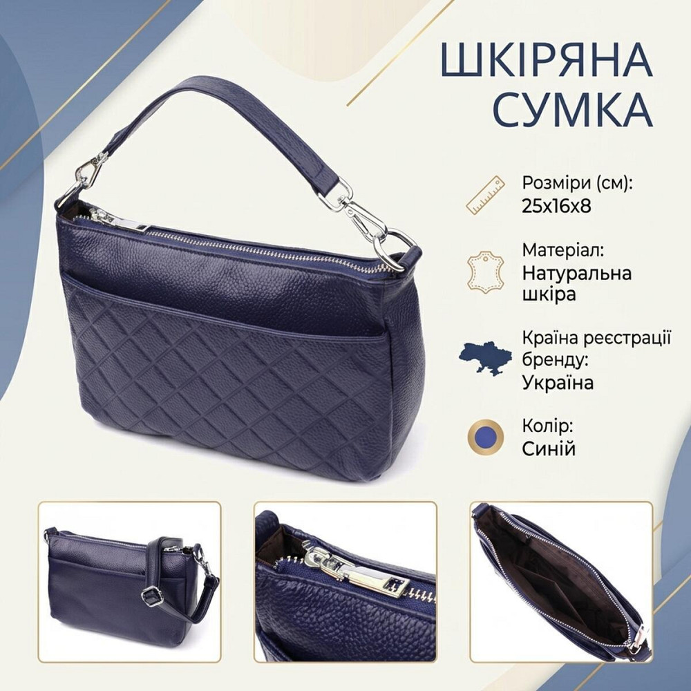 Сумка жіноча з натуральної шкіри з двома ремінцями Vintage 22928 Синій Київ - фото 13
