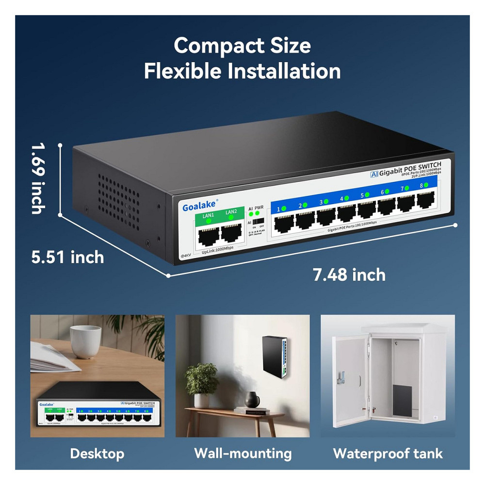 Коммутатор PoE сетевой Goalake 8 портов 1000 Мбит/с 100W 802.3af/at 2 uplink 4KV защита черный бесшумный Киев - изображение 2