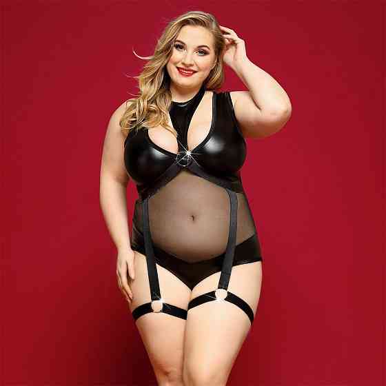 Елегантне боді з екошкіри JSY «Спокуслива Морган» Plus Size, Black, сітка, портупея з гартерами Sex Aura Київ