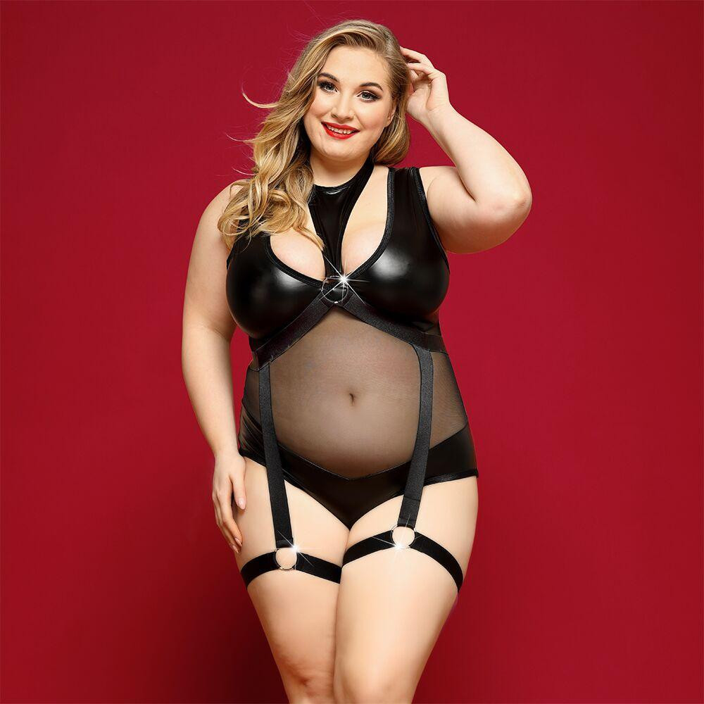 Елегантне боді з екошкіри JSY «Спокуслива Морган» Plus Size, Black, сітка, портупея з гартерами Sex Aura Київ - фото 1