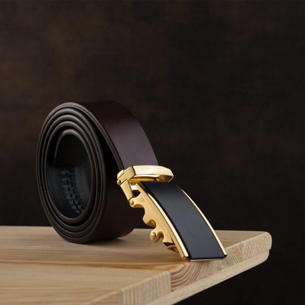 Ремень мужской c золотистой прямоугольной пряжкой Vintage 20260 Коричневый Киев - изображение 8