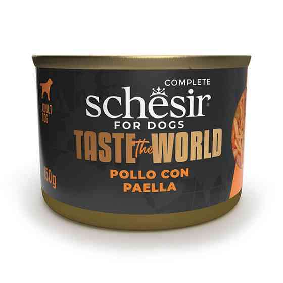 Schesir Taste the World Chicken With Paella ШЕЗИР КУРИЦА С ПАЭЛЬЕЙ в бульоне натуральные консервы для собак, влажный корм, банка 150г Киев