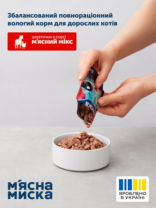 Вологий корм для дорослих котів М'ясна миска шматочки в соусі м'ясний мікс, 100 г Вінниця - фото 3