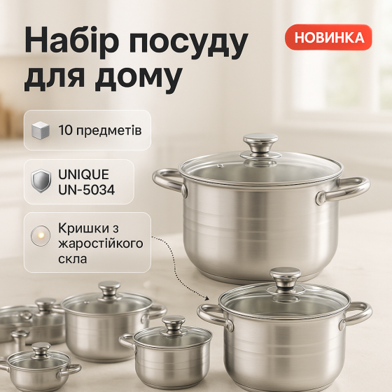 Фирменные наборы кастрюль UNIQUE, Кастрюли из нержавеющей стали для газовых плит, Набор посуды кастрюли VC-22 Львов