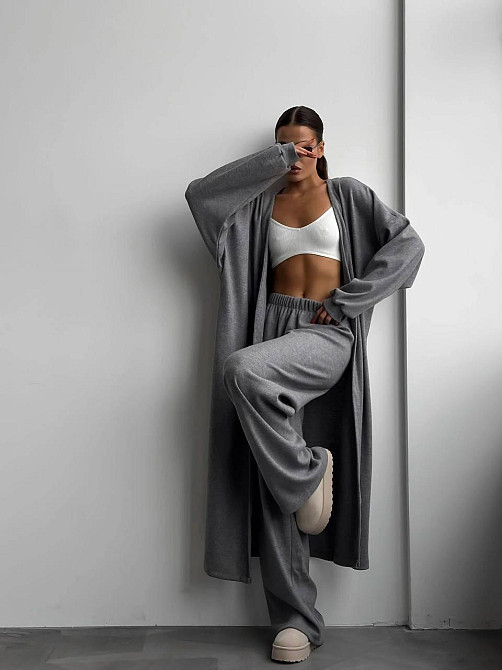 Жіночий базовий костюм-двійка: кардиган і штани палацо зі щільного рубчика Сірий Одеса - фото 3