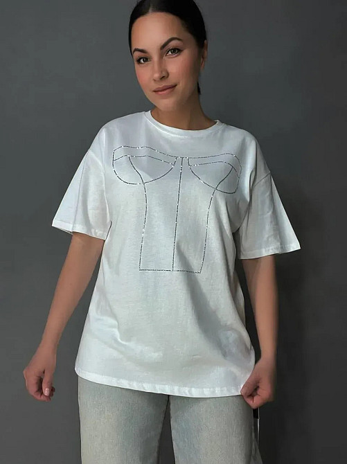 Футболка жіноча A-N 0098 з камінням імітація корсету оверсайз, білий, one size Київ - фото 10