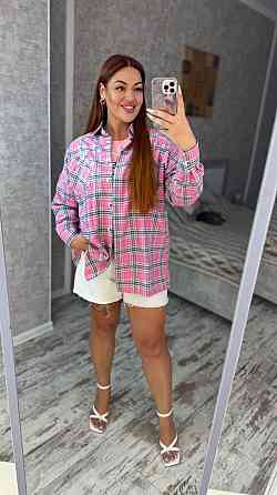 Женская оверсайз рубашка в клетку турецкая фланель Розовый, 50/56 Одесса