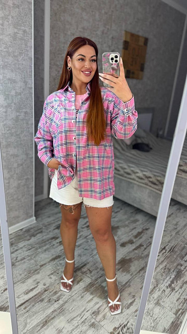 Женская оверсайз рубашка в клетку турецкая фланель Розовый, 50/56 Одесса - изображение 2