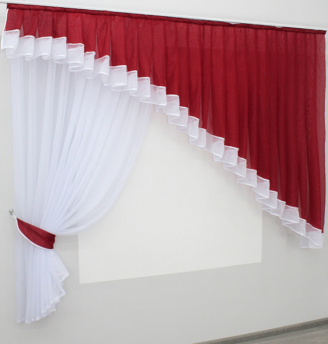 Кухонний комплект VR-Textil № 062к шторка з ламбрекеном червоний з білим 200х170 см (50-453) Київ - фото 1