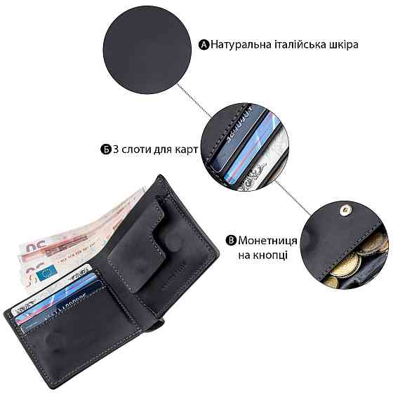 Функциональное портмоне унисекс на магните GRANDE PELLE 11206 Черное Киев