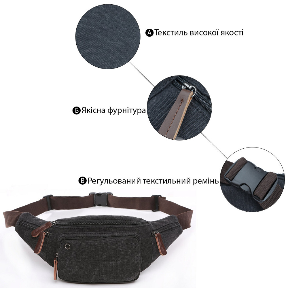 Сумка поясна текстильна Vintage 20085 Чорна Київ - фото 4