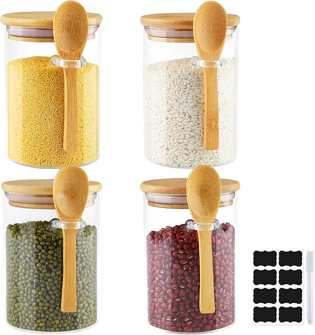 Банки для зберігання набір 4 шт 500 мл скляні ємності з ложкою кришкою наклейками для кухні чаю кави круп горіхів сухих продуктів Київ - фото 1