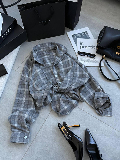 Женская трендовая оверсайз рубашка в клетку костюмный тиар Серый 2 Одесса - изображение 5