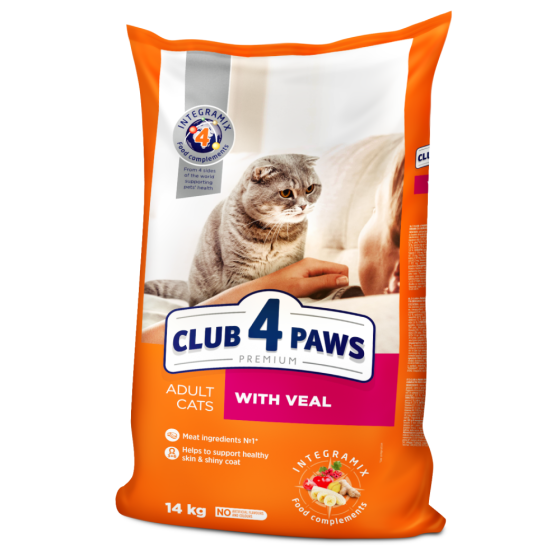 Полнорационный сухой корм для взрослых кошек CLUB 4 PAWS (Клуб 4 Лапы) Премиум с телятиной, 14 кг Винница