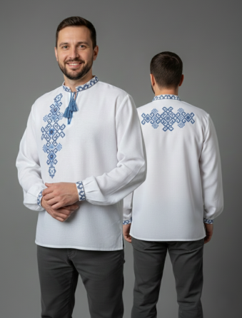 Мужская вышиванка Фламинго синий орнамент с вышивкой на спине 56 Киев