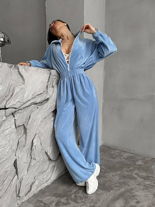 Жіночий стильний повсякденний велюровий комбінезон Блакитний, 46/48 Одеса - фото 1