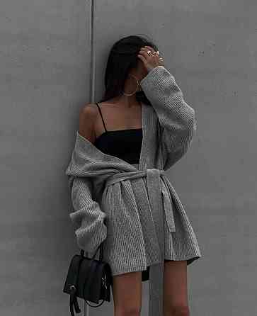 Стильный женский теплый оверсайз кардиган вязка. Серый Одесса