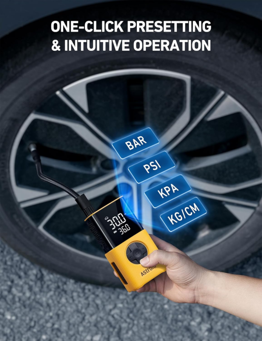 Портативный компрессор AstroAI L7S 150 PSI, 4000 мАч, цифровой манометр, автостоп, LED, 5 режимов, желтый Киев - изображение 9